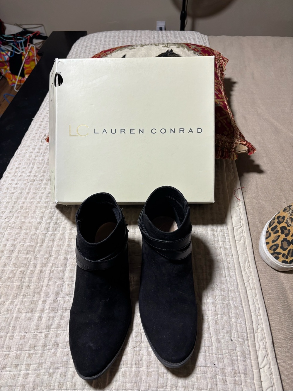 LC Lauren Conrad Black Suede Wrap-Detail Ankle Booties